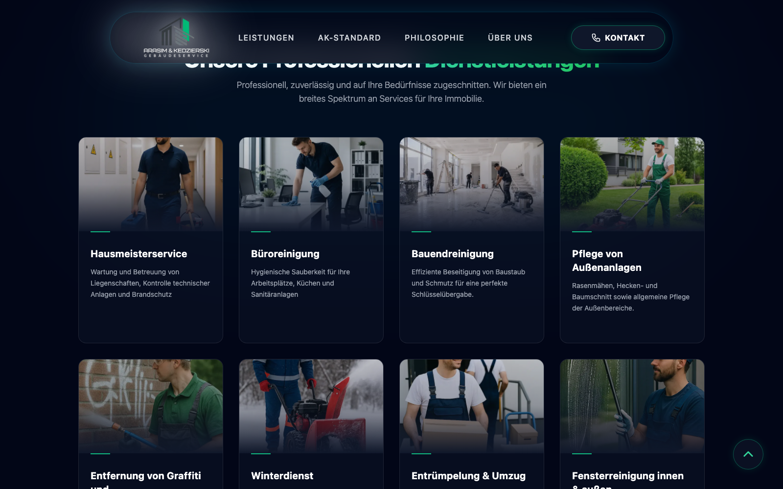 Services grid — caretaker, cleaning, winter service, graffiti removal and more