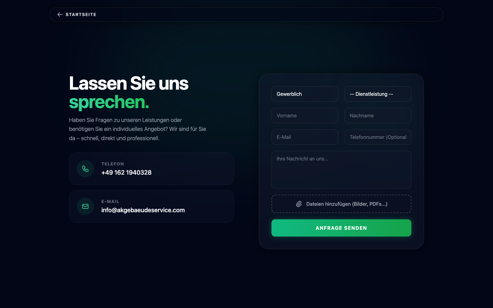 Contact form — service picker, file attachments and quote request