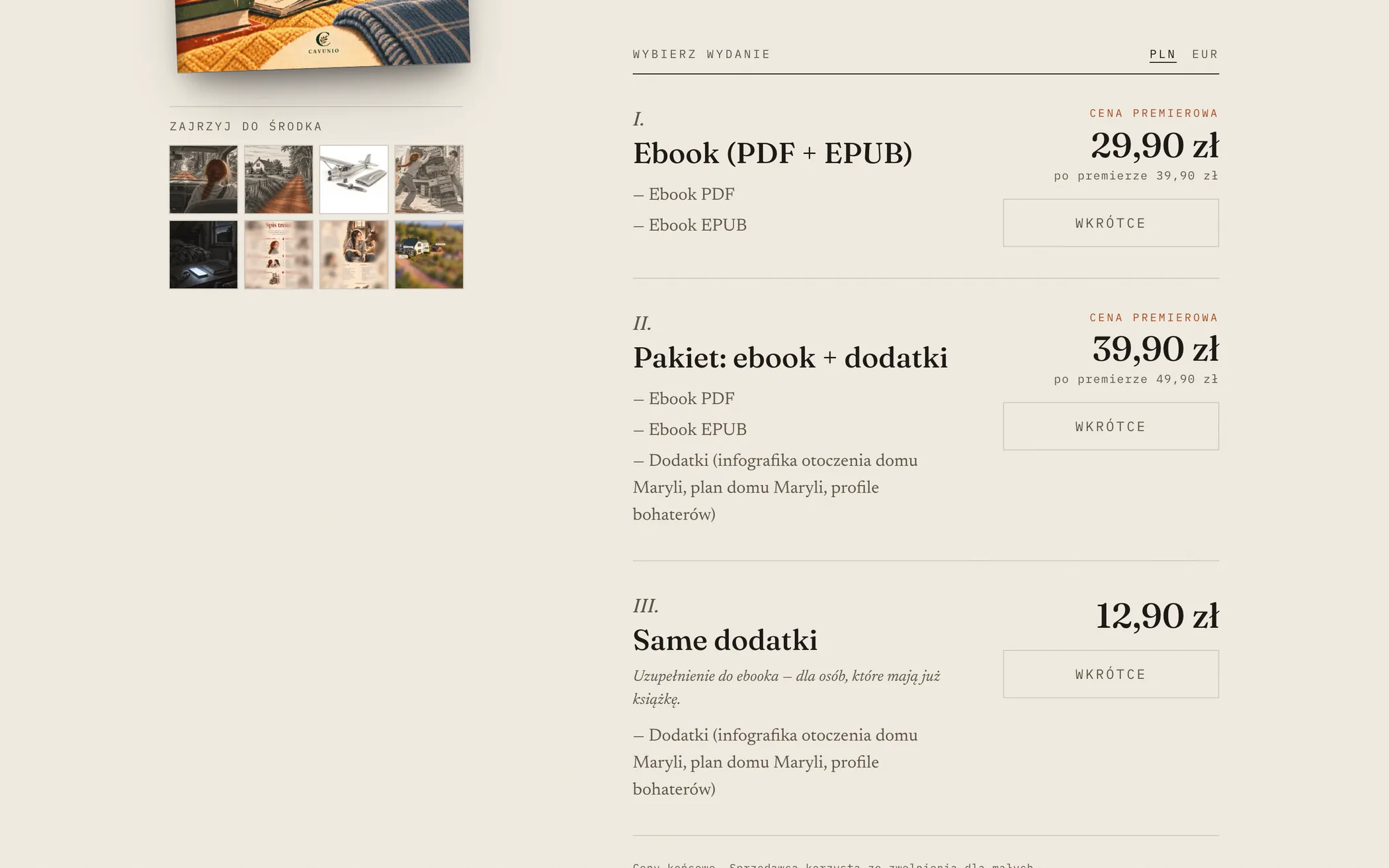 Selector de edición - ebook, pack con extras o solo extras, precios en PLN y EUR