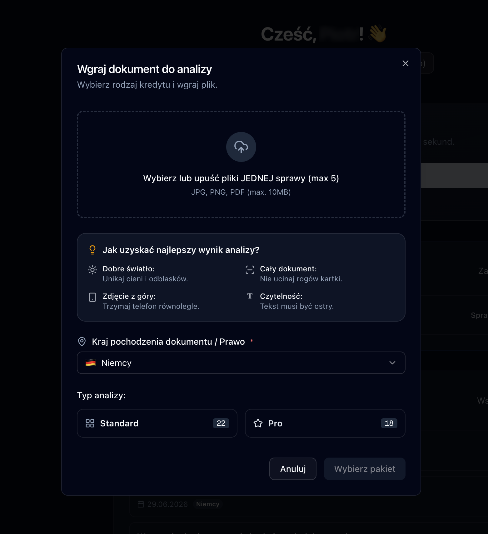 Upload for analysis — photo or PDF, country of law and Standard / Pro credit
