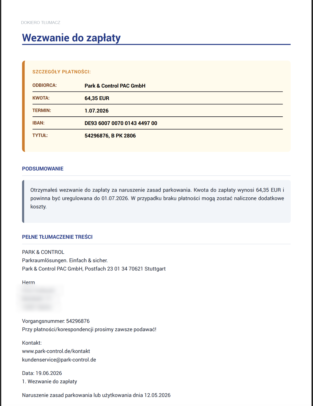 Translated PDF — summary, payment details and letter body