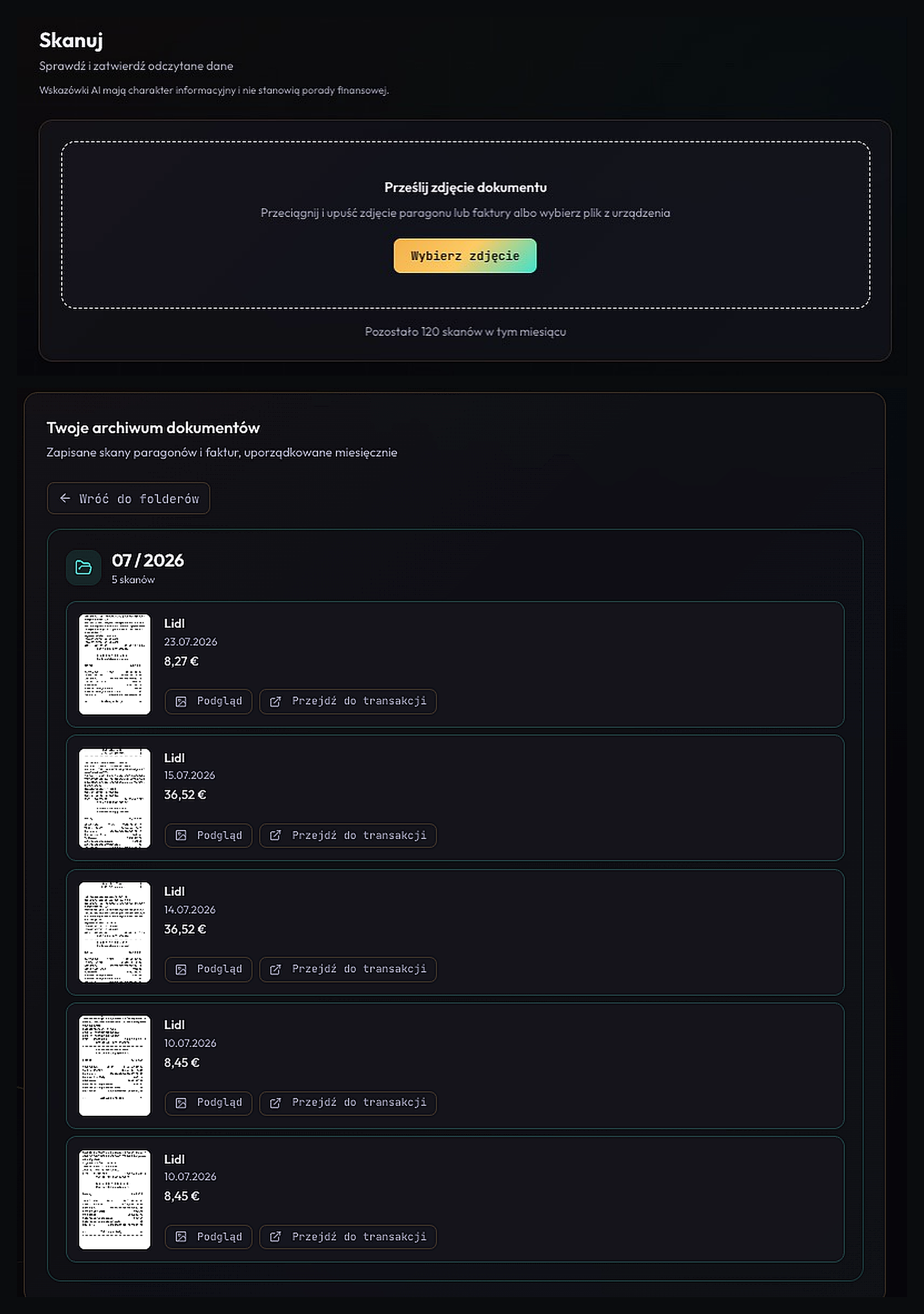 Receipt OCR scanner (monthly quotas) and document archive with preview