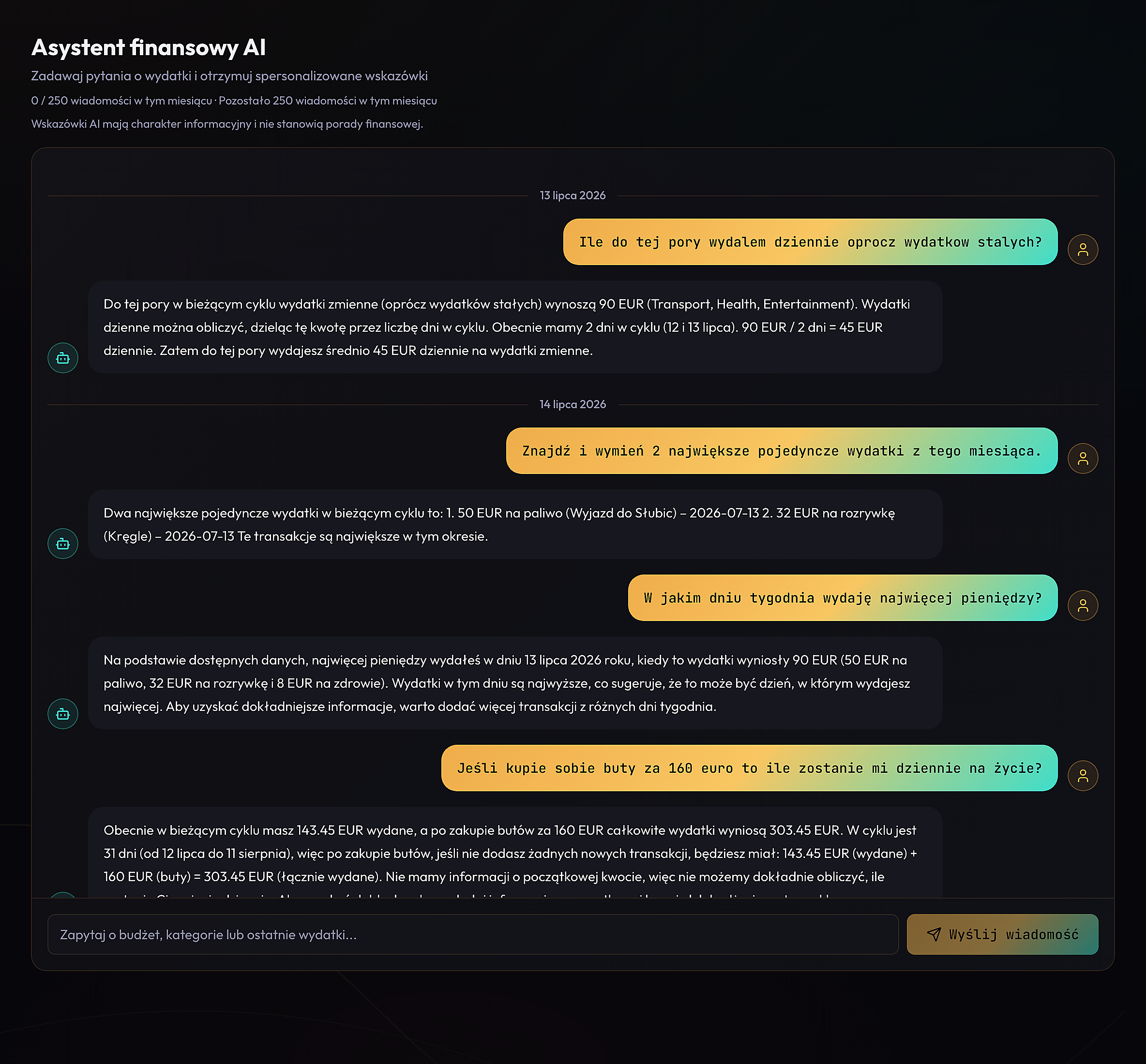 AI finance assistant — questions about budget, categories and purchase impact until payday