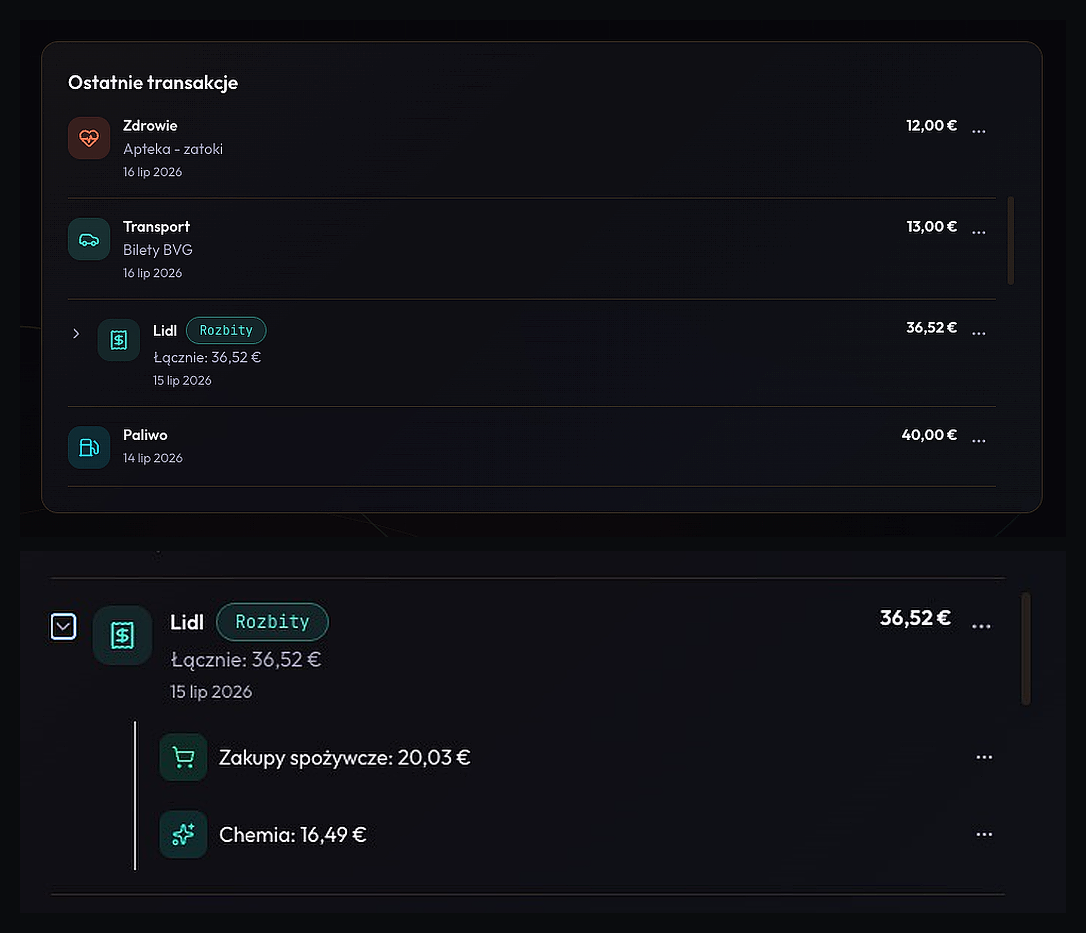 Transaction history and receipt split — one purchase broken into multiple categories