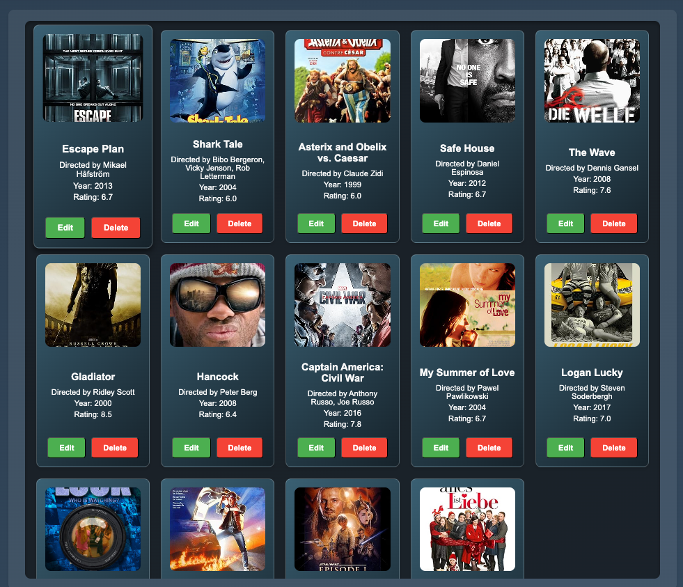User movie collection cards with poster/director/year/rating CRUD