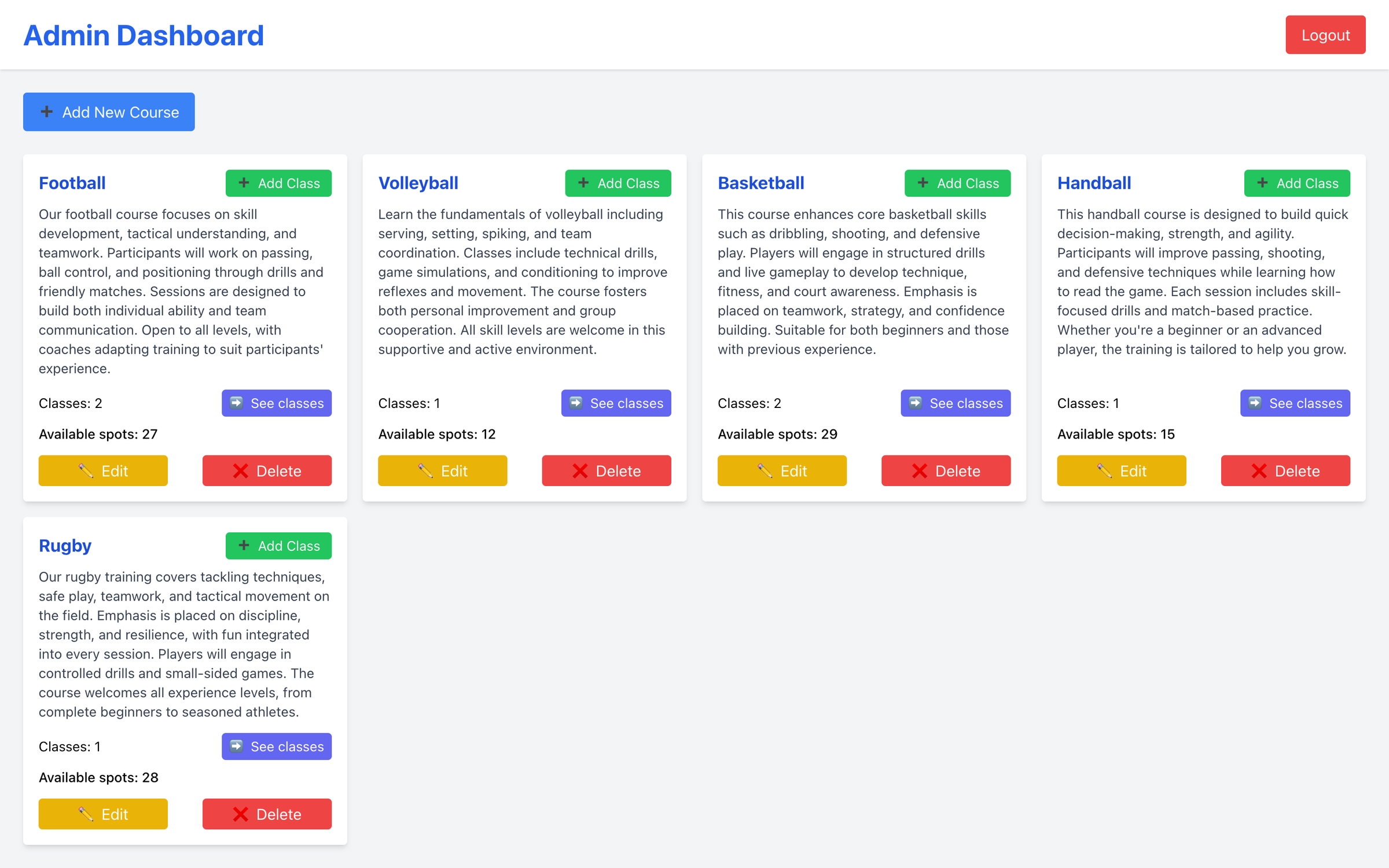Admin dashboard — courses, spot limits, add / edit / delete