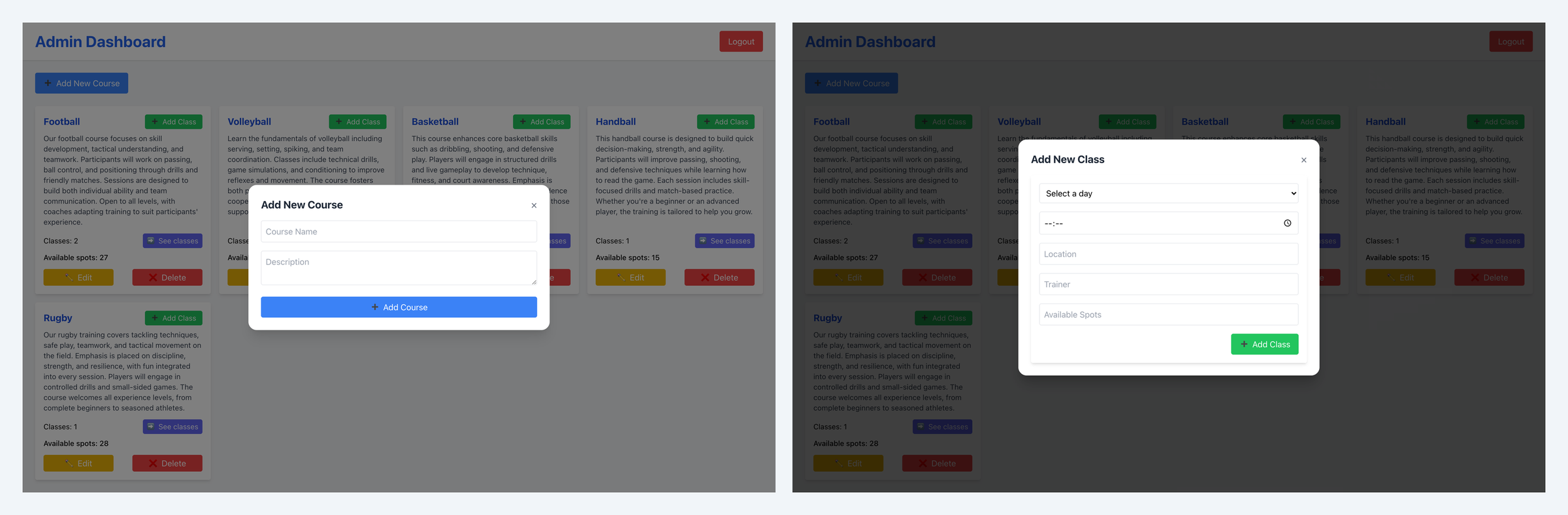 Admin forms — new course and class (day, time, location, trainer, spots)