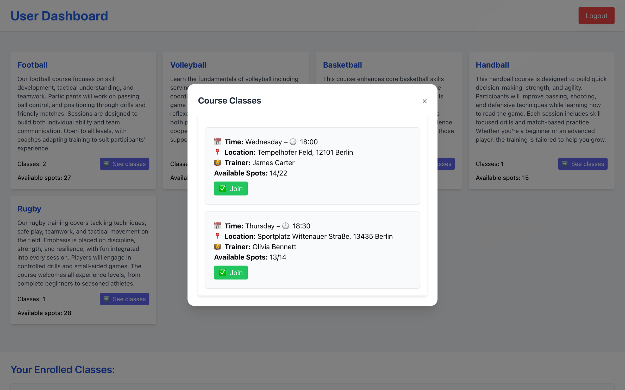 User dashboard — browse courses and join a specific class