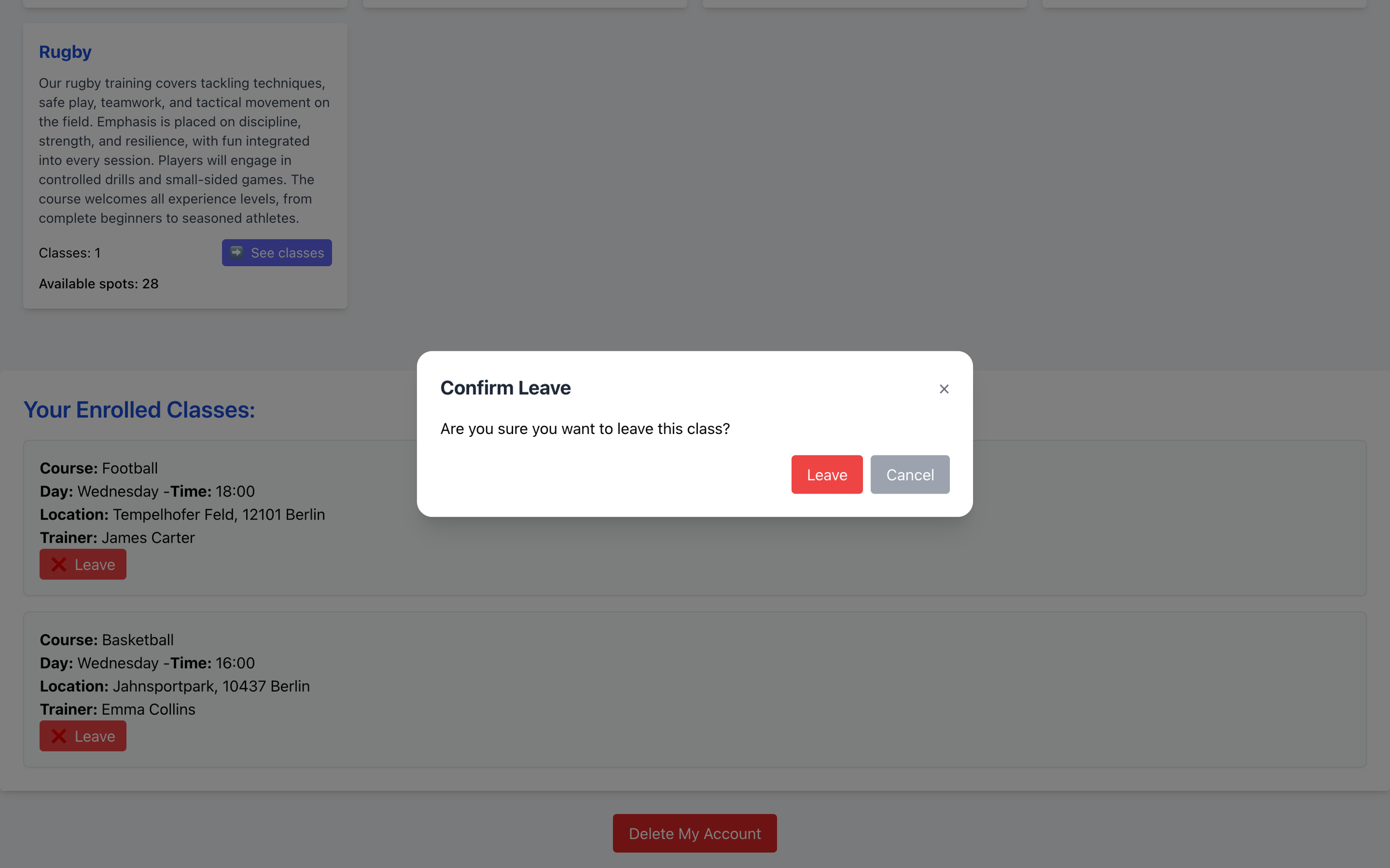 Enrolled classes — leave a class and delete account