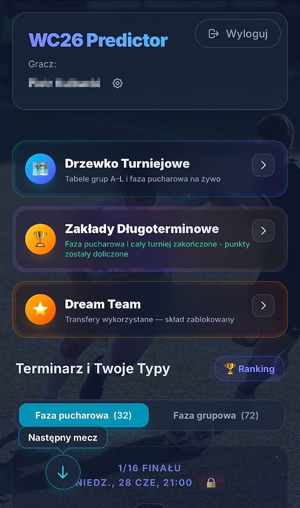 Player dashboard — tournament bracket, long-term bets, Dream Team and phase schedules