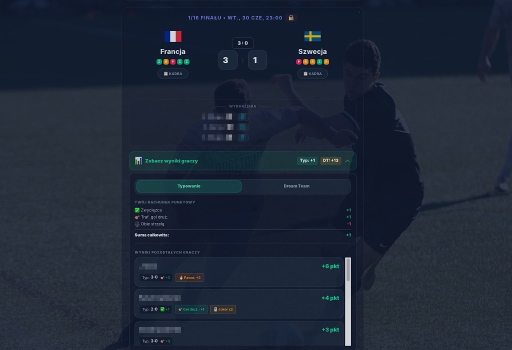 Settled match card — event timeline, points receipt, streak bonus and Joker